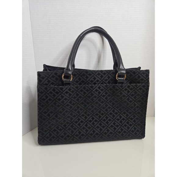 Tommy Hilfiger Black Handbag Purse TH Print Gold Hardware faux leather trim EUC - Picture 4 of 10